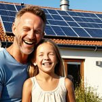 ** A happy family (parents and two children) laughing and hugging in front of a modern, eco-friendly house with solar panels on the roof. The scene is bathed in warm sunlight. Implies the value of "Family" and aligns with sustainable choices.

**