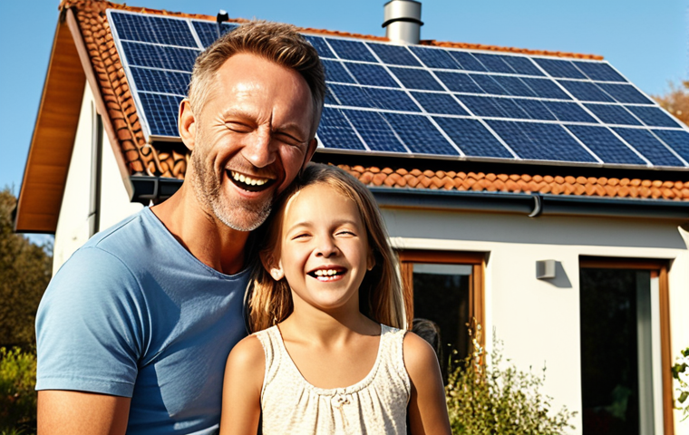 ** A happy family (parents and two children) laughing and hugging in front of a modern, eco-friendly house with solar panels on the roof. The scene is bathed in warm sunlight. Implies the value of "Family" and aligns with sustainable choices.
**
