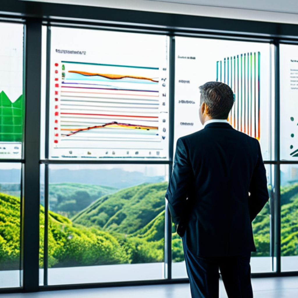A professional individual, fully clothed in a modest business suit, stands in a sophisticated, well-lit modern office. They are looking at a large transparent holographic display showing intertwining financial charts and vibrant, lush green foliage, symbolizing sustainable growth and renewable energy. The pose is natural, thoughtful, and professional. The background features blurred cityscapes seen through large windows. The overall image emphasizes responsible finance and environmental consciousness. Perfect anatomy, correct proportions, well-formed hands, natural body proportions. High quality professional photography, crisp focus, vibrant colors, soft lighting, safe for work, appropriate content, fully clothed, professional dress, family-friendly.