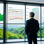 A professional individual, fully clothed in a modest business suit, stands in a sophisticated, well-lit modern office. They are looking at a large transparent holographic display showing intertwining financial charts and vibrant, lush green foliage, symbolizing sustainable growth and renewable energy. The pose is natural, thoughtful, and professional. The background features blurred cityscapes seen through large windows. The overall image emphasizes responsible finance and environmental consciousness. Perfect anatomy, correct proportions, well-formed hands, natural body proportions. High quality professional photography, crisp focus, vibrant colors, soft lighting, safe for work, appropriate content, fully clothed, professional dress, family-friendly.