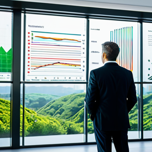 Home 18 A professional individual, fully clothed in a modest business suit, stands in a sophisticated, well-lit modern office. They are looking at a large transparent holographic display showing intertwining financial charts and vibrant, lush green foliage, symbolizing sustainable growth and renewable energy. The pose is natural, thoughtful, and professional. The background features blurred cityscapes seen through large windows. The overall image emphasizes responsible finance and environmental consciousness. Perfect anatomy, correct proportions, well-formed hands, natural body proportions. High quality professional photography, crisp focus, vibrant colors, soft lighting, safe for work, appropriate content, fully clothed, professional dress, family-friendly.