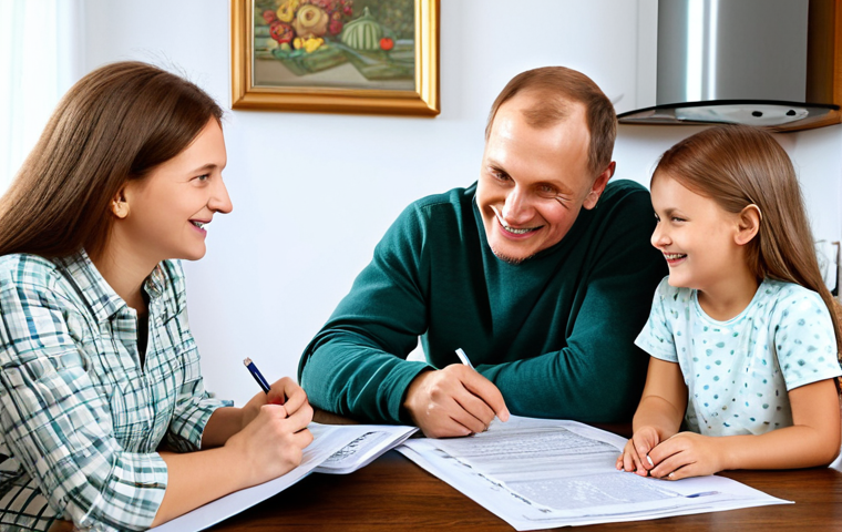 Family Financial Planning**
"A warm, inviting scene of a Russian family (parents and two children) gathered around a table in their cozy kitchen, reviewing a budget and financial documents. They are smiling and engaged in a discussion. The room is brightly lit, and a samovar is on the table. Fully clothed, modest attire. Safe for work, appropriate content, family-friendly, depicting financial literacy and family values. Perfect anatomy, correct proportions, natural pose, professional photography, high quality."
**