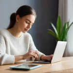 가치 기반 재정계획과 커뮤니티 참여 - **Prompt:** A serene young woman (20s-30s) in a modern, well-lit apartment in Russia, sitting at a c...