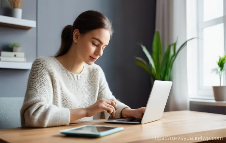 가치 기반 재정계획과 커뮤니티 참여 - **Prompt:** A serene young woman (20s-30s) in a modern, well-lit apartment in Russia, sitting at a c...