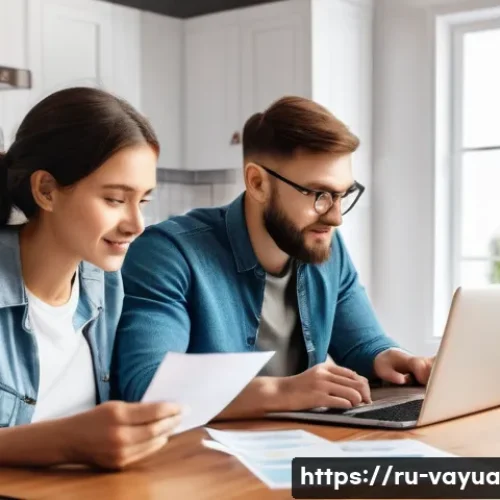 가치 중심의 재정 관리 기법 - A detailed illustration of a young Russian family at a cozy home setting, carefully reviewing their ...