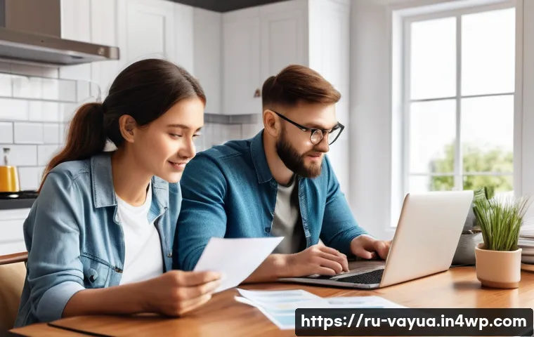 가치 중심의 재정 관리 기법 - A detailed illustration of a young Russian family at a cozy home setting, carefully reviewing their ...