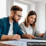 개인 재정 목표 설정하기 - A modern Russian family sitting at a cozy dining table in a warm apartment, reviewing a detailed mon...