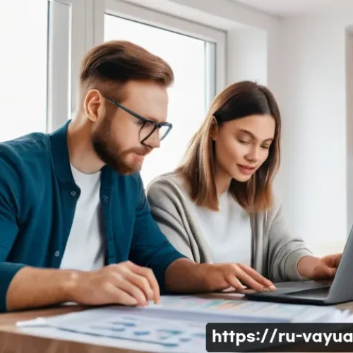 개인 재정 목표 설정하기 - A modern Russian family sitting at a cozy dining table in a warm apartment, reviewing a detailed mon...