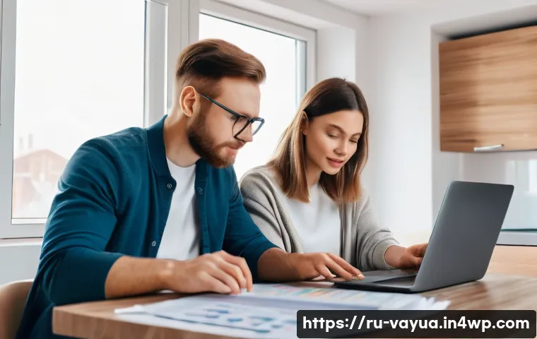 개인 재정 목표 설정하기 - A modern Russian family sitting at a cozy dining table in a warm apartment, reviewing a detailed mon...