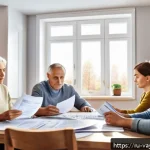 Home 18 가치 기반 재정계획의 실행을 위한 피드백 체계 - A detailed illustration of a middle-aged Russian family sitting around a kitchen table filled with f...