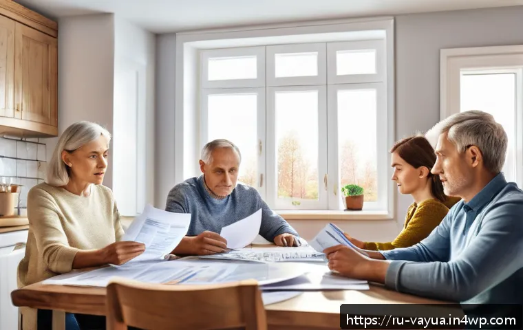 가치 기반 재정계획의 실행을 위한 피드백 체계 - A detailed illustration of a middle-aged Russian family sitting around a kitchen table filled with f...