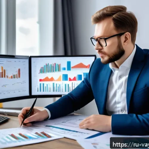 Home 17 재정 계획에 있어서의 가치 평가 방법 - A professional Russian financial advisor in a modern office, analyzing real estate market data on mu...