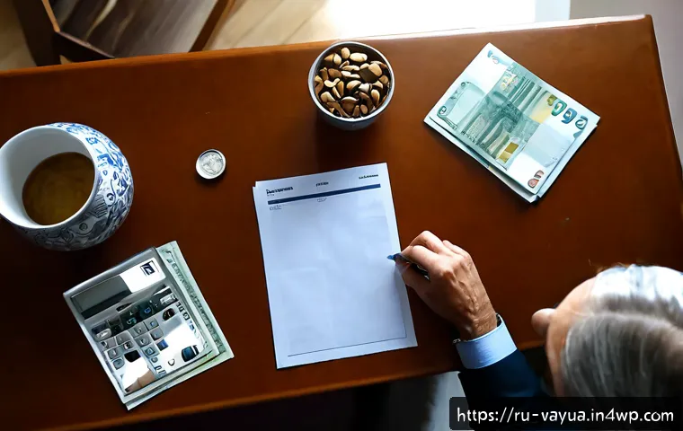 Home 17 가치 기반 재정계획의 성공적인 실행을 위한 방법론 - Photorealistic overhead view of a Russian household financial planning session, a middle-aged couple...