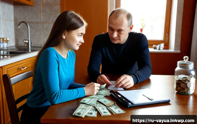 Home 17 가치 기반 재정계획의 성공을 위한 필수 요소 - Photorealistic Russian family financial planning scene, middle-aged couple and teenage daughter seat...